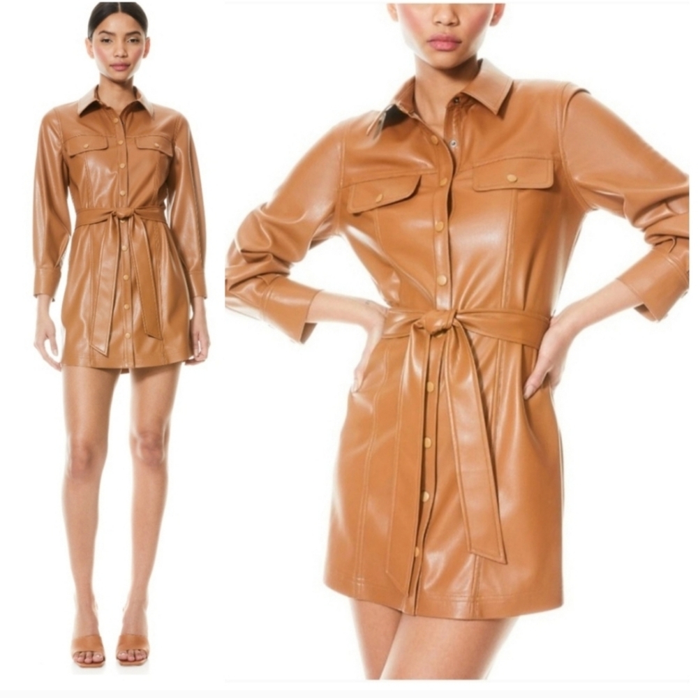 Alice + Olivia Miranda Vegan Leather Tie Waist Brown Mini Dress Size 6